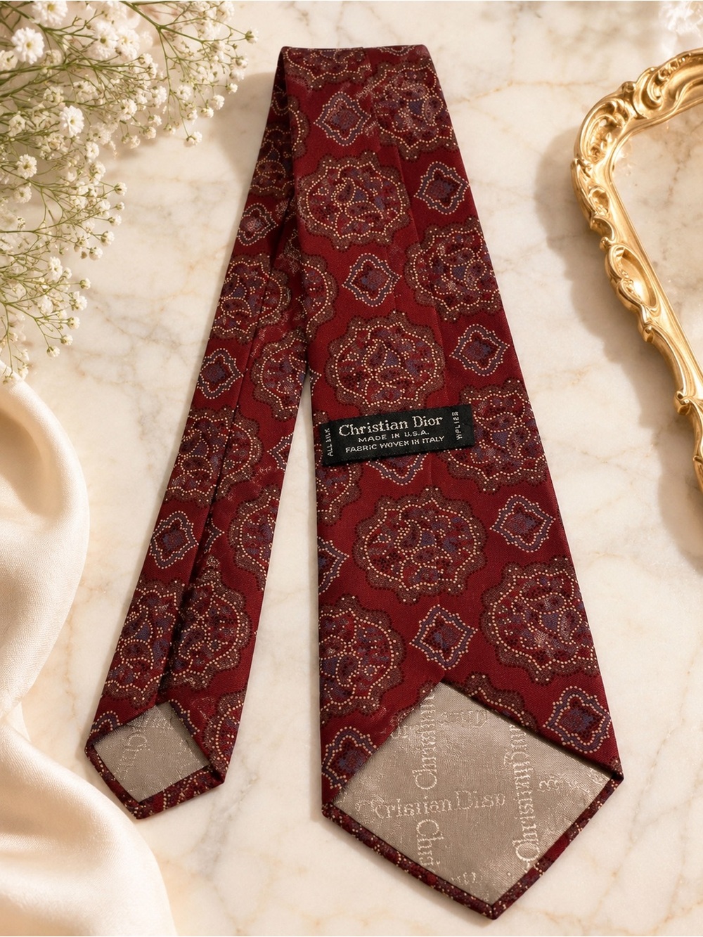 Christian Dior Burgundy Medallion Silk Tie Made USA Woven Italy 3” - Picture 1 of 6